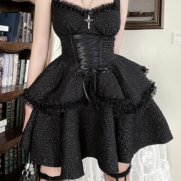 Women's Gothic Pleated Mini Dress High Waist Sleeveless Y2K Party - Picture 2 of 4